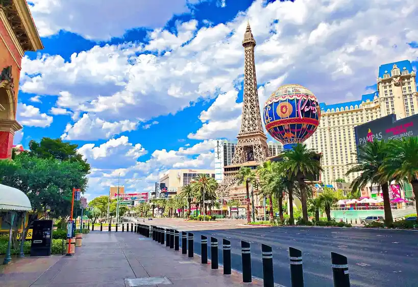 Casino resort entrance under a bright sky
