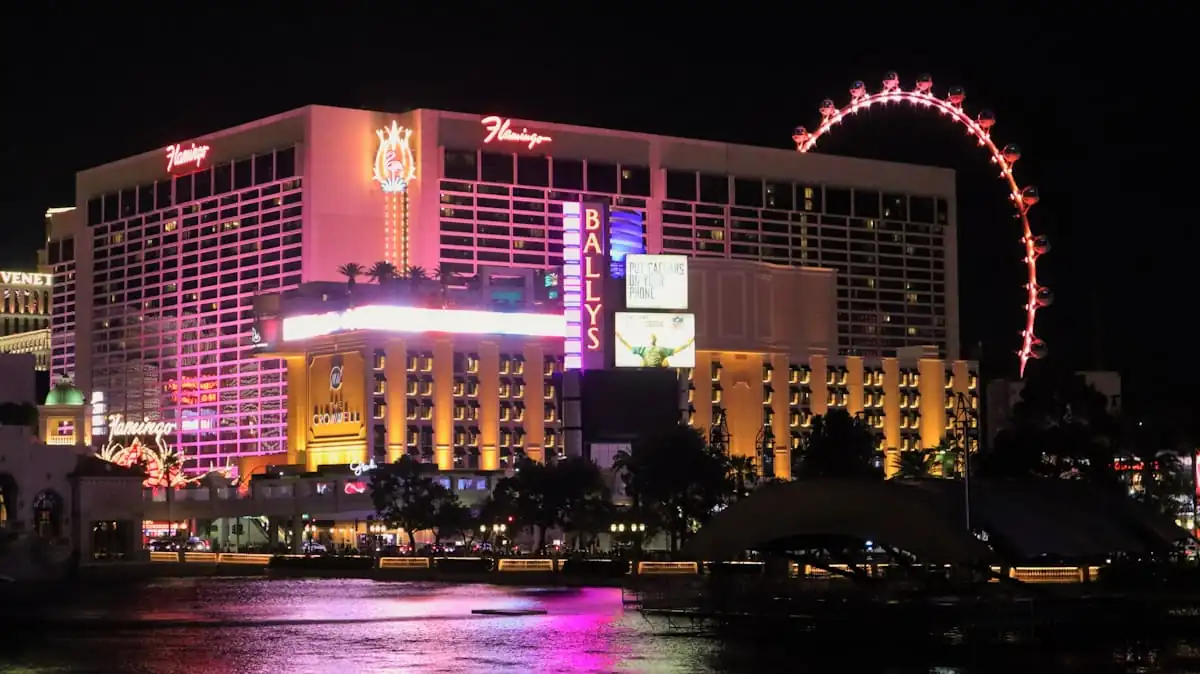Illuminated casino hotel at night